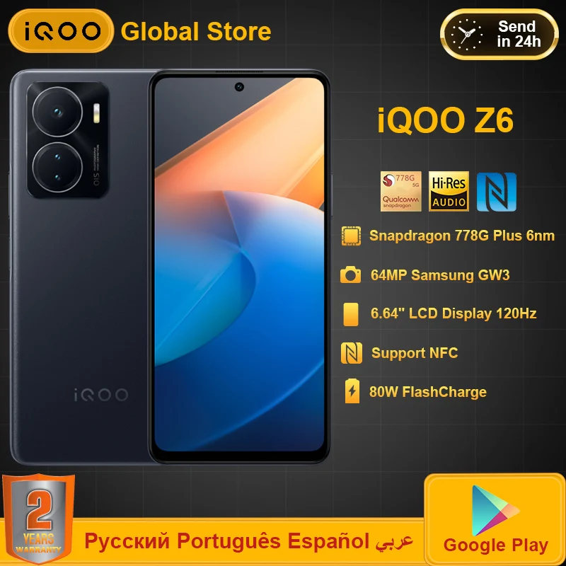 

vivo iQOO Z6 5G Mobile Phone Snapdragon 778G plus 6.64'' 120HZ Display 64MP Camera OIS 4500mAh 80W Super Charge NFC Smartphone