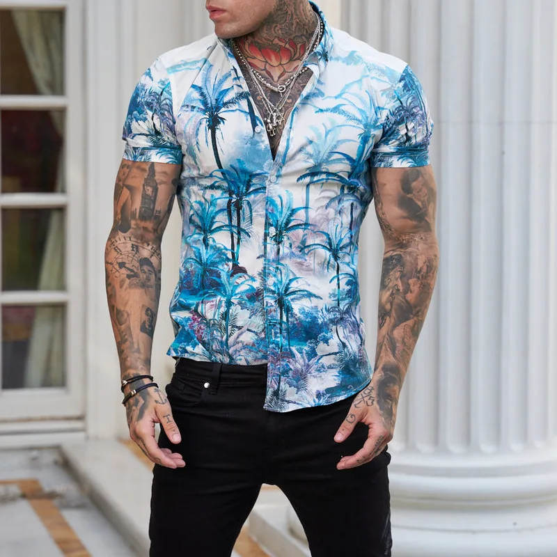 New Casual Men Slim Fit Print Party Club Shirt Fashio Brand Printed Shirt Spring and Autumn Men Fashion Trend Shor Sleeve Shirt