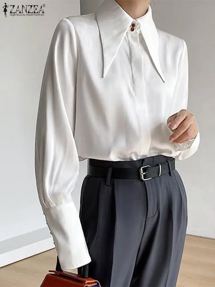 

ZANZEA Women Long Sleeve Blouse Solid Commute Shirt Fashion Vintage Point Lapel Collar Tops Holiday Loose Autumn White Blusas