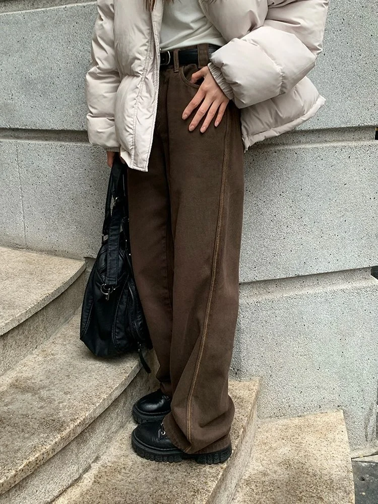 HOUZHOU Vintage Basic Brown Jeans Women Korean Fashion Harajuku Oversize Denim Pants Straight Trousers Japanese Style Pantalon