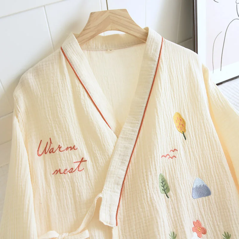 Embroidered Kimono Pajama Set Female Japanese-style Four Seasons Thin Soft Crepe Two Long-sleeved Trousers Lace-up Loungewear Pj