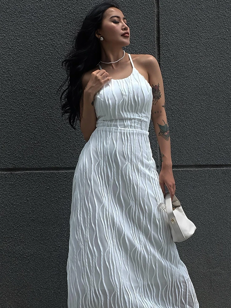 

Sexy Backless Lace Up White Bodycon Maxi Dresses for Women 2022 Summer Y2K Sleeveless Ruched Club Party Dress Beach Outfit