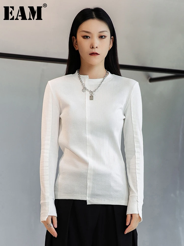 

[EAM] Women White Irregular Burr Brief Casual T-shirt New Round Neck Long Sleeve Fashion Tide Spring Autumn 2022 1DE3071