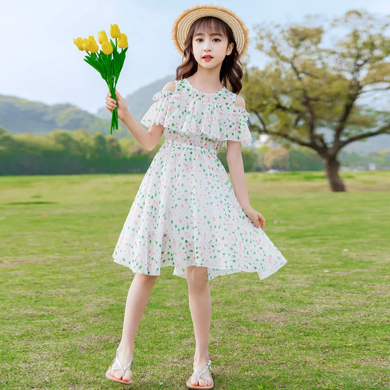 

Girls Summer Dress Bohemia Style Children Dresses Fashion Floral Printed Chiffon Beach Dress for Teenager Girls 4 6 8 10 12 Year