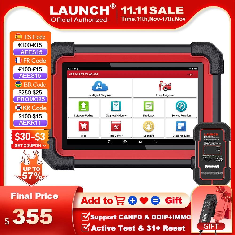 

LAUNCH X431 CRP919E BT Car Diagnostic Tool Code Reader CANFD DIOP ALL System ECU Coding Active Test AF IMMO 31Resets OBD2 Scaner