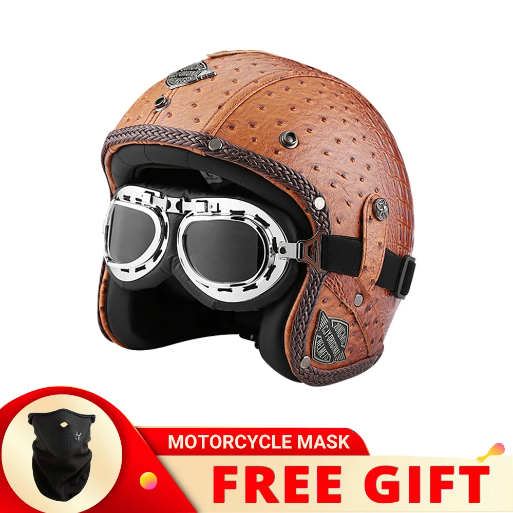 

High Quality PU Leather Open Face Motorcycle Helmet JYT Vintage Motocross Racing Casque Retro Scooter Motorbike Riding Casco