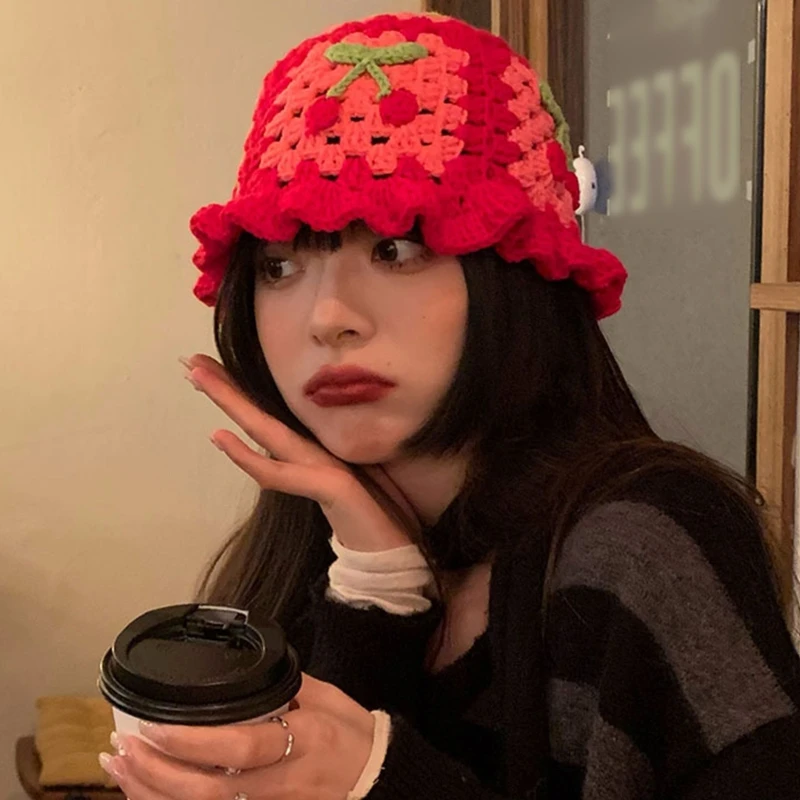 

Милая женская шляпа, вязаная крючком шляпа для раковины, шляпа рыбака с цветочным узором, маленькая универсальная шляпа с изображением лица...