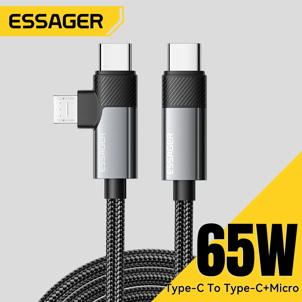 Фото Essager 2 в 1 USB C-кабель 65 Вт PD для быстрой зарядки типа C/USB A к микрокабелю для iPhone Samsung Xiaomi Huawei Redmi iPad Macbook №1