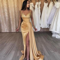 sevintage gold high side split satin mermaid prom dresses sequined spaghetti strap pleat ruched evening dress wedding party gown