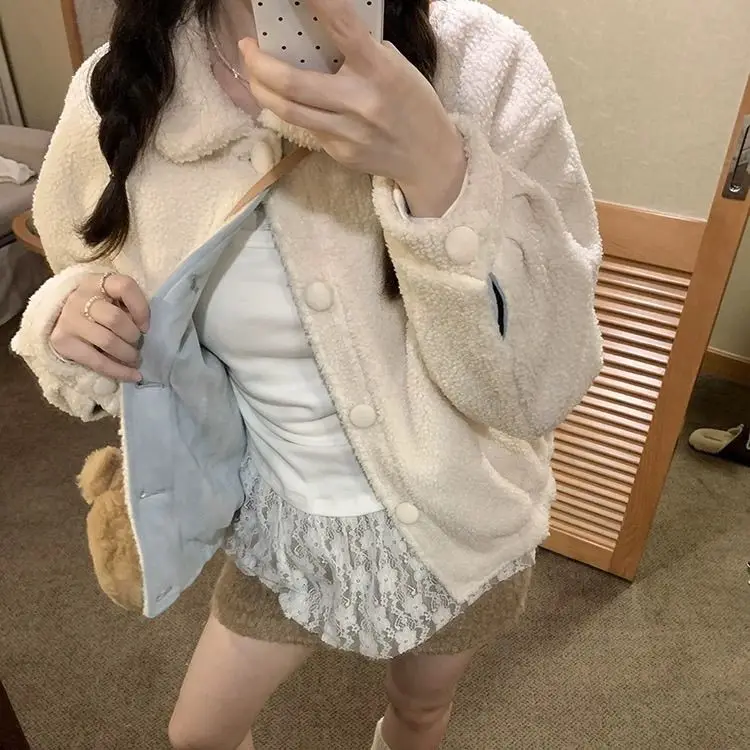 Голубое двустороннее замшевое теплое пальто из овечьей шерсти осенне-зимнее