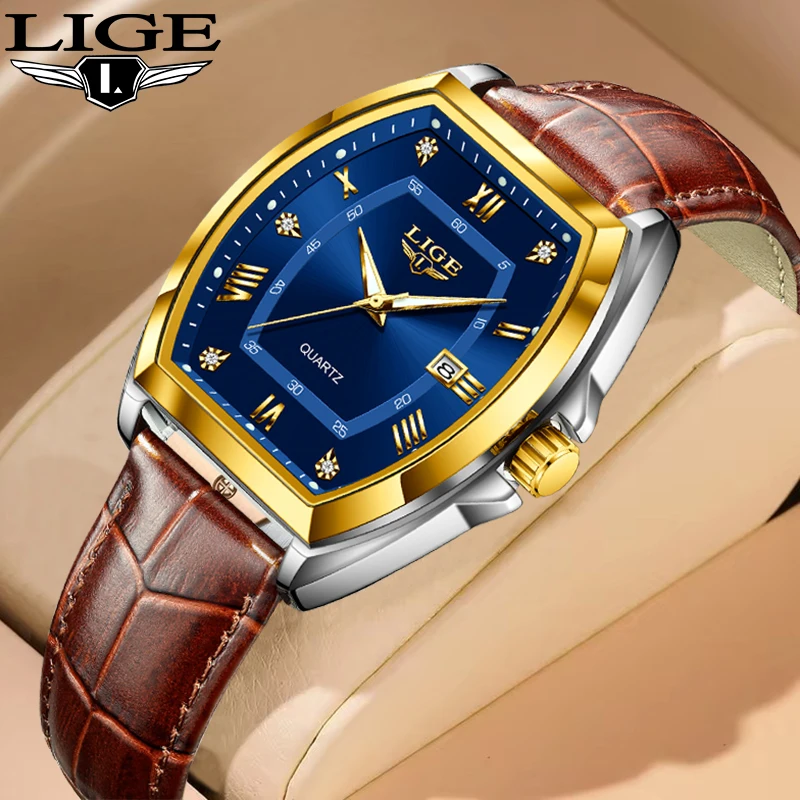 LIGE Tonneau Shape Кварцевые мужские часы Модные военные кожаные ремешки Светящиеся