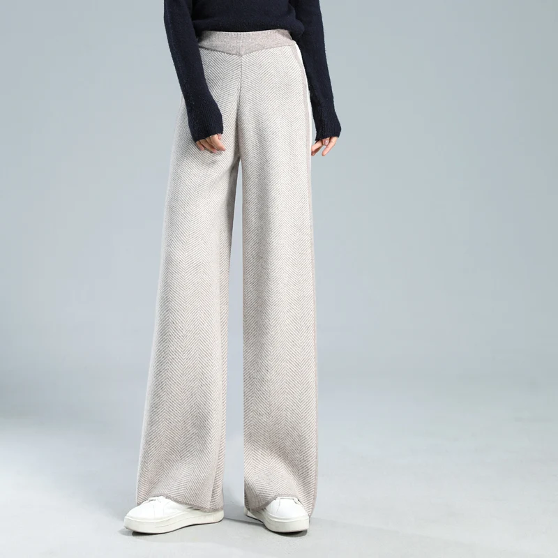 

BELIARST 100% брюки из чистой шерсти женские брюки с высокой талией с широкими штанинами трикотажные брюки в елочку зимние утепленные женские брю...