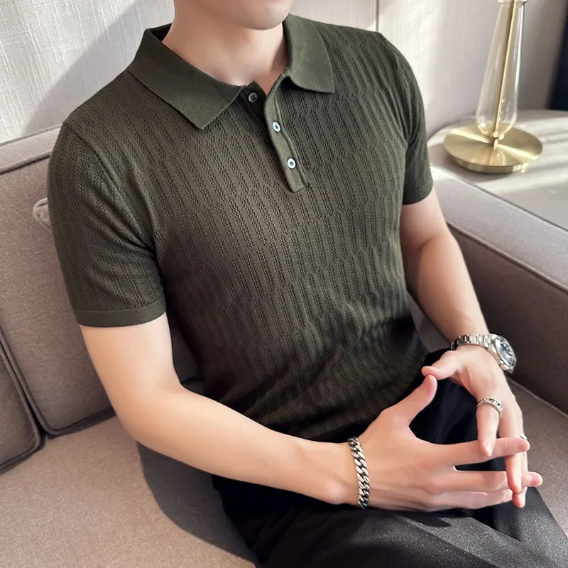 

2023 Men's Summer Casual Short Sleeves POLO Shirts/Male Slim Fit Hollowed Out Knit Polo Shirt Puls Size S-3XL