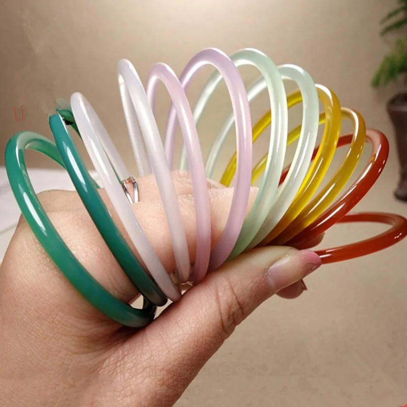 

Real Jades Bangles Women Colorful Chalcedony Thin Round Bar Gemstone Bangle For Girlfriend Mom Gifts Fine Jewelry Accessories