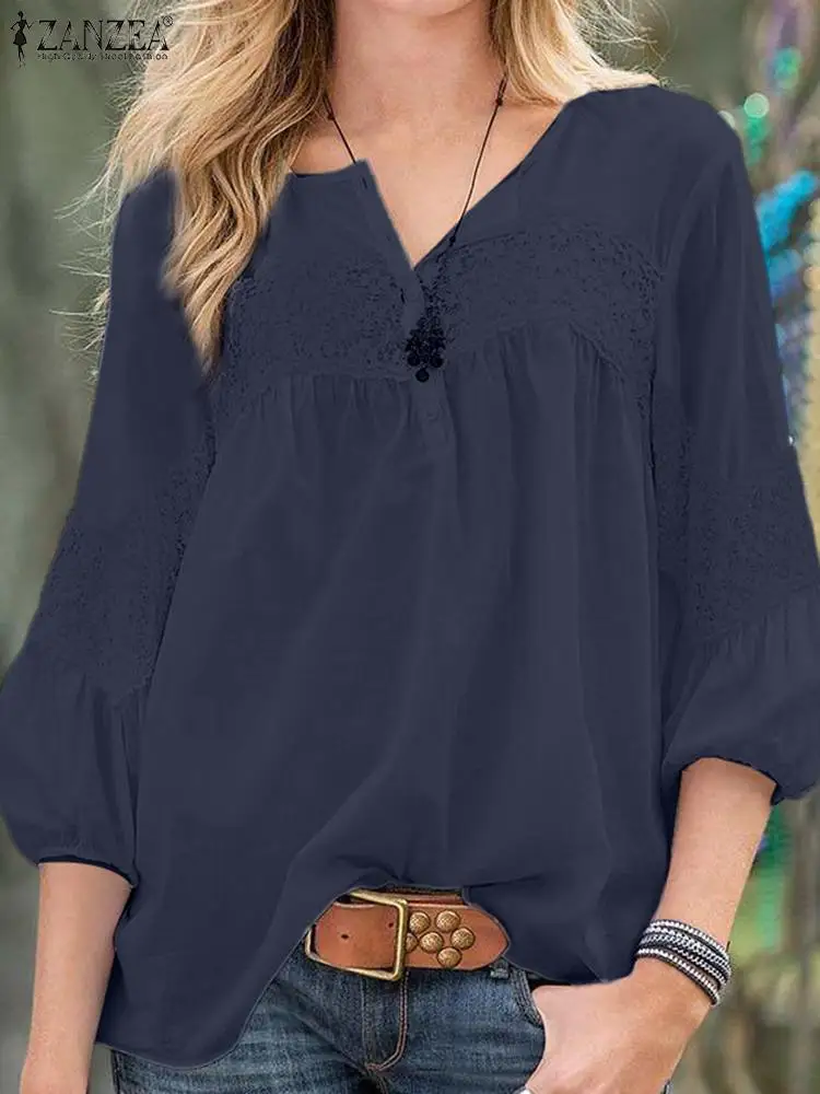 

ZANZEA Autumn Women's Blouse 3/4 Sleeve O-Neck Lace Shirts Femme Fashion Elegant Tops Casual Solid Loose Party Shirt Oversize
