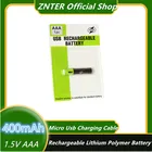 Перезаряжаемая литиевая батарея ZNTER AAA, 1,5 в, 400 мАч, с зарядным кабелем MICRO USB для радиоуправляемой камеры, дрона, перезаряжаемая батарея AAA USB