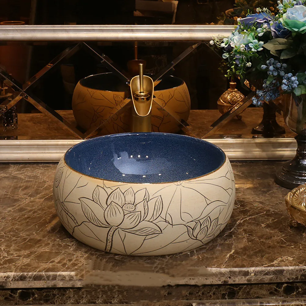

Vintage Art Ceramic Washbasin Round Bathroom Sink Bathroom Washbasin Shampoo Basin Suitable for Home Engineering Hotel KTV
