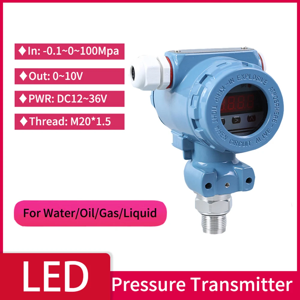 Piezoelectric Pressure Sensor 0-10v Membrane Pressure Transducer with LED Display 100bar 0-10v Water Pressure Transmitter