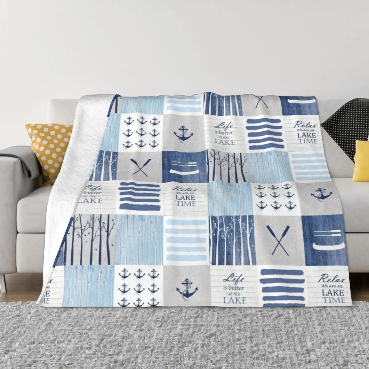 

Life Is Better At The Lake Patchwork Anchor Blankets Flannel All Season Nautical Soft Throw Blanket for Home Car Quilt