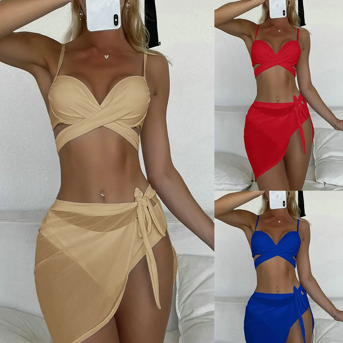 

Women Bathing Sets Swimsuit Suit Women's Split Three-piece Set of Solid Color Belt with Steel Bracket Hard Bag Bikini Set YA22