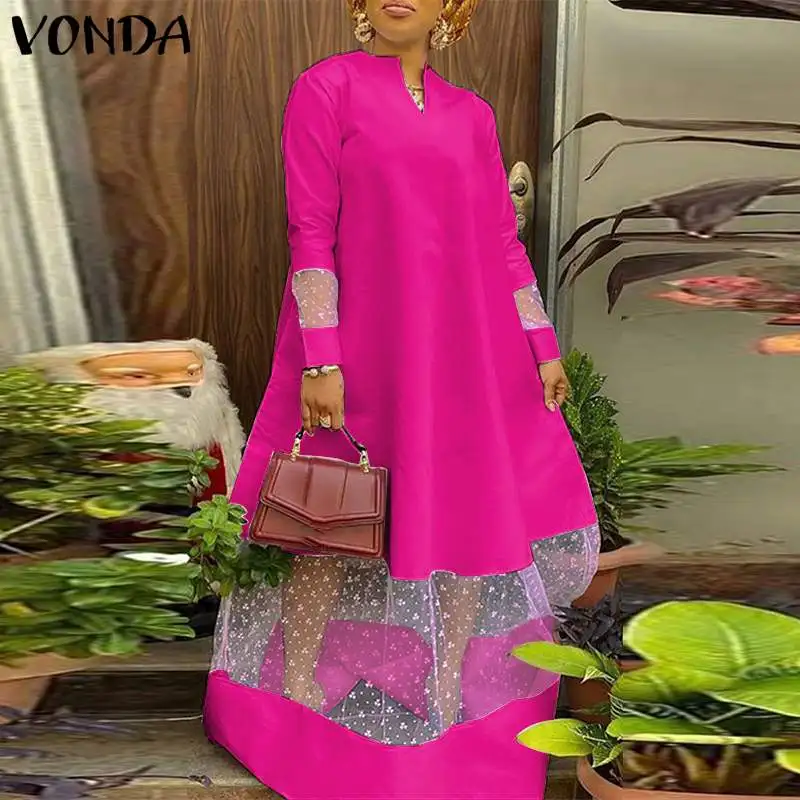 

VONDA Women Sexy V Neck Long Sleeve Long Dresses Casual Lace Patchwork Pleated Robes Vintage Polka Dot Vestidos Oversized Dress