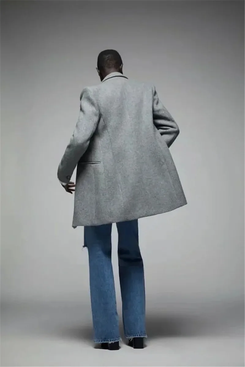 Grey Woollen Blazer Suit Korean Fashion Simple Mid Length Slim One Button Blazers Office Lady Autumn Winter Commute Casual Suits