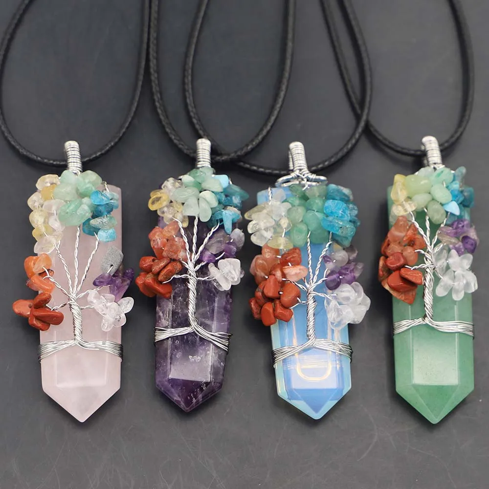 

Reiki Natural Stone Crystal Sword Shape Leather Rope Pendant Handmade Wrap Colorful Tree Of Life Necklace Jewelry Accessories 1P