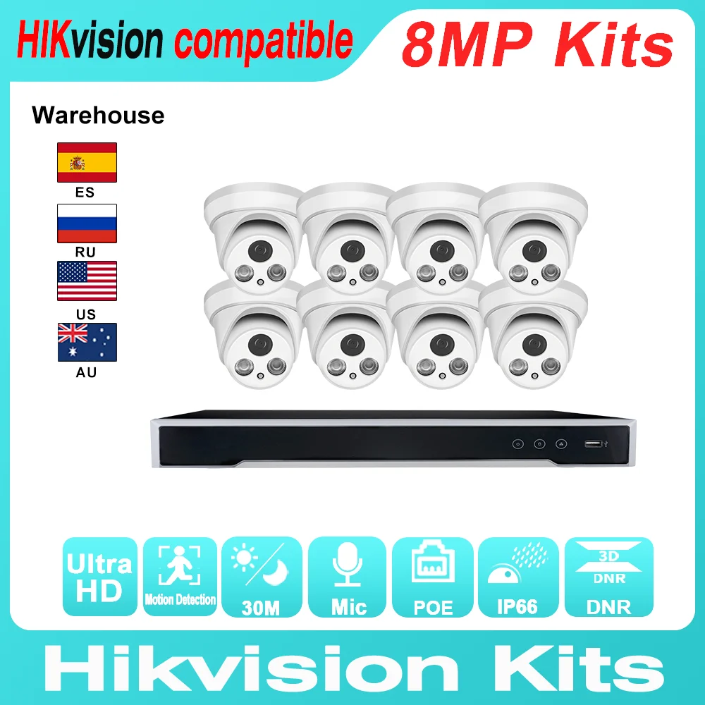 

Hikvision Compatible Kit IP Dome Camera 5/8MP 8PCS Built-in Mic + Hikvision Original NVR DS-7608NI-K2/8P 8CH POE 4K CCTV System