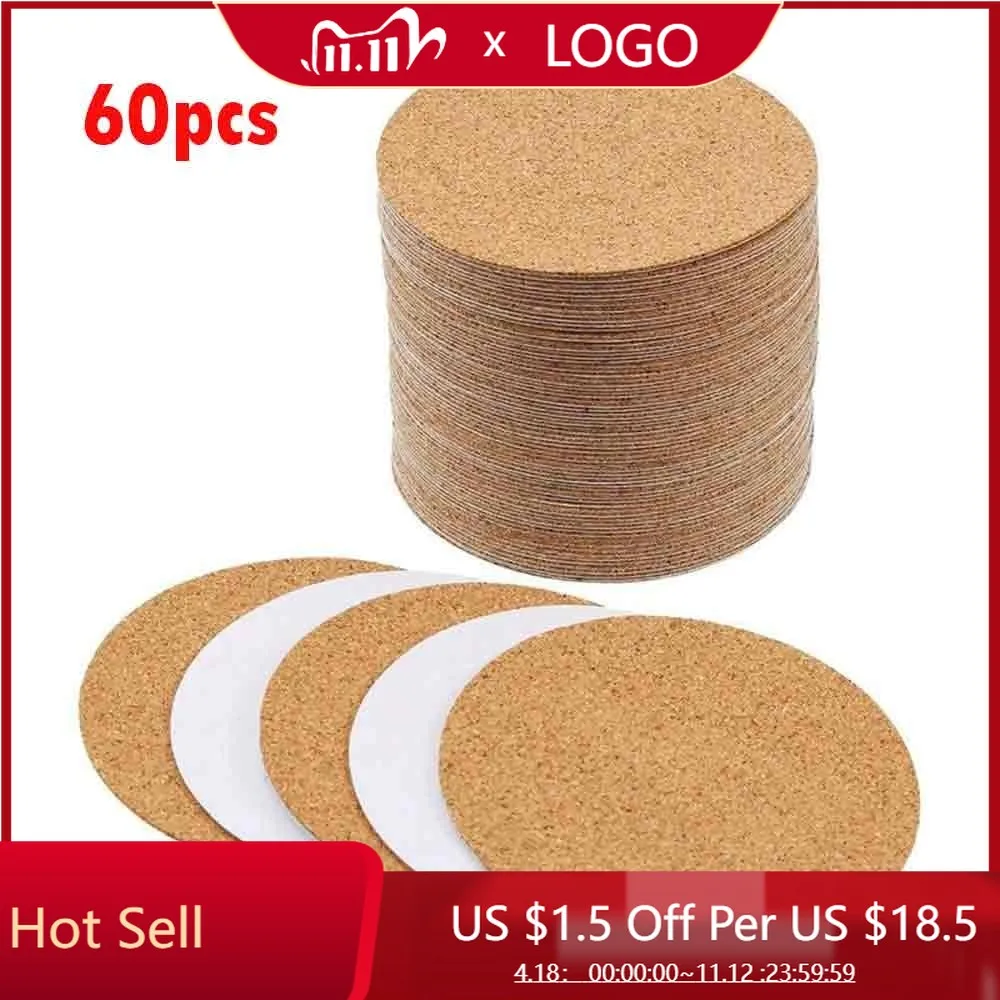

60PCS Self Sticker Cork Coasters Squares Cork Mats Cork Backing Sheets For Coasters And DIY Crafts Supplies Kitchen Table Pad