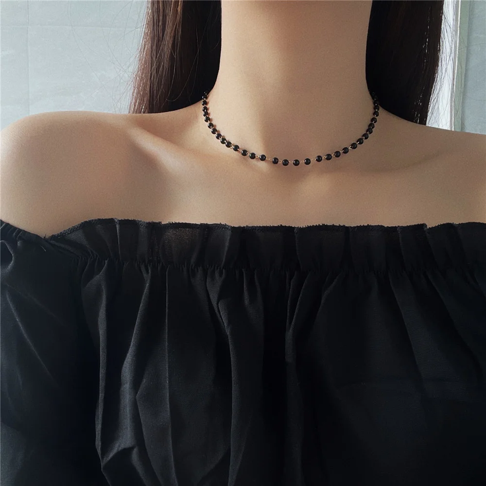 Цепочка с бусинами женская модная двухслойная цепь черным жемчугом в стиле ретро