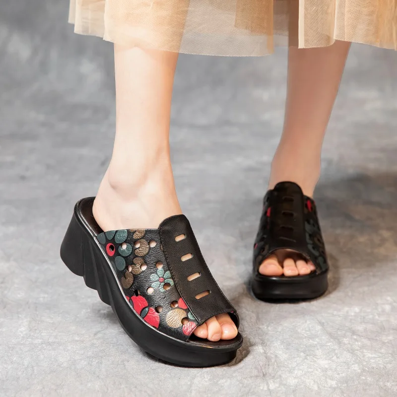 Women's Sandals Slippers Women's Clothing 2023 New Vintage National Style Genuine Leather Fishmouth Slippers Women's Clothing