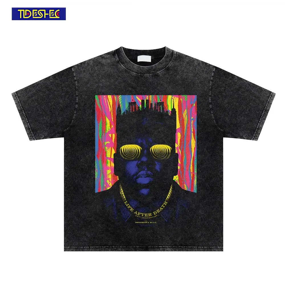 

Модная Повседневная футболка в стиле хип-хоп в стиле Харадзюку с портретным принтом рэпера, промытая футболка с круглым вырезом, Повседневн...