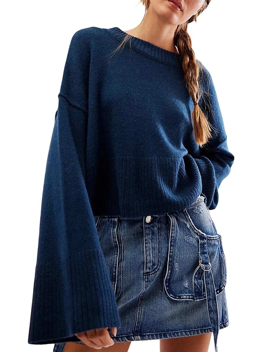 

Women s Autumn Winter Knit Sweater Long Flared Sleeve Solid Color Loose Knitwear