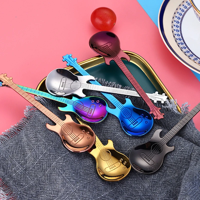 

1pcs Stainless Steel Guitar Shaped Love Coffee Spoon Teaspoon Children Spoon New Beautiful 7 Colors Coffee Tea Use Kitchen Spoon