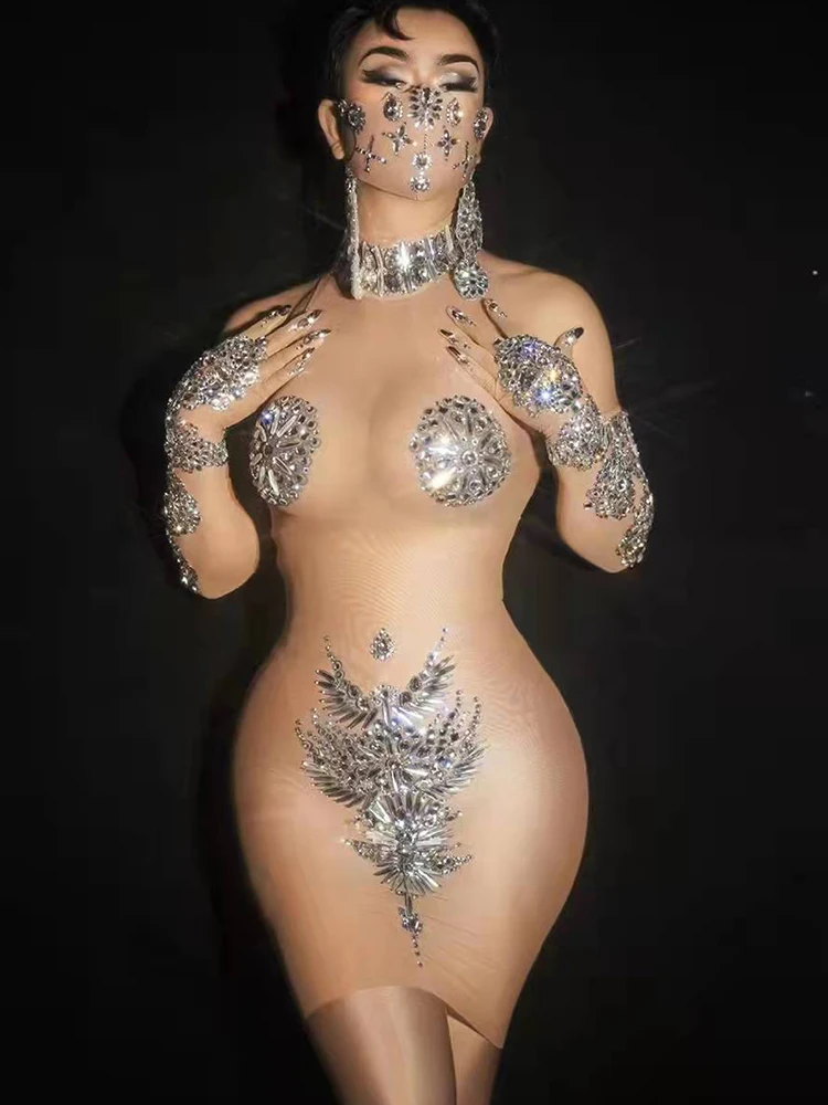 

Короткое платье NudeSexy для стриптиза, блестящая сценическая одежда, Женский праздничный костюм с кристаллами певицы, слитный костюм