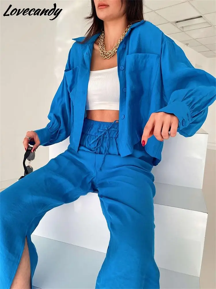 

Женские повседневные брючные костюмы, Укороченная рубашка с высокой талией и широкие брюки с разрезом, комплект из 2 предметов, Весенняя Эле...