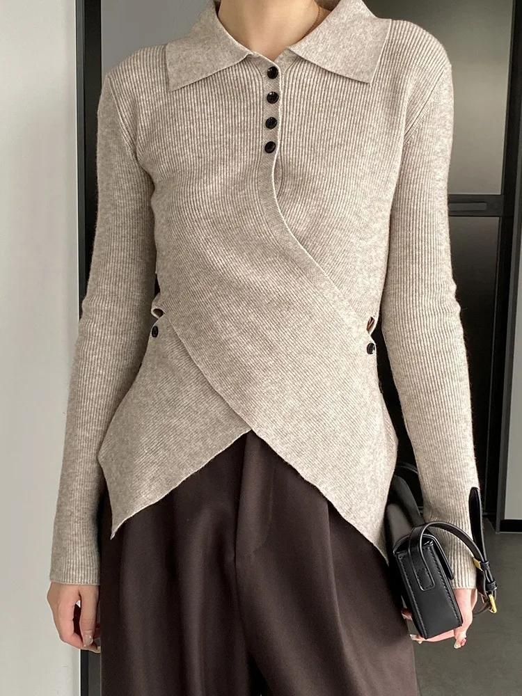 

TWOTWINSTYLE Solid Minimalist Knitting Sweaters For Women Lapel Long Sleeve Patchwork Button Slimming Sweater Female Fashion New