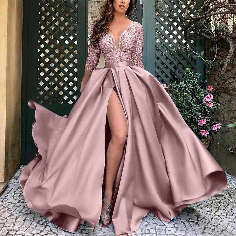 

2022 Summer Elegant Vintage Ruched Long Sleeve Deep V-neck Sexy Hight Waist Slit Lace Swing Dress Trailing Banquet Evening Dres