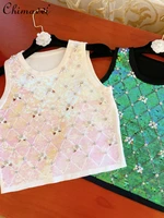 new 2022 summer fashion solid color sequins diamond short pullover tank ladies round neck sleeveless slim fit crop top female