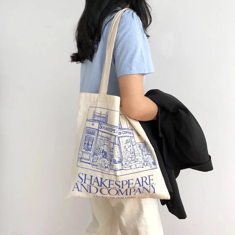 Women Canvas Shoulder Bag Shakespeare Bookstore Lady Casual Handbag Tote Bag Reusable Large Capacity Cotton Shopping Beach Bags