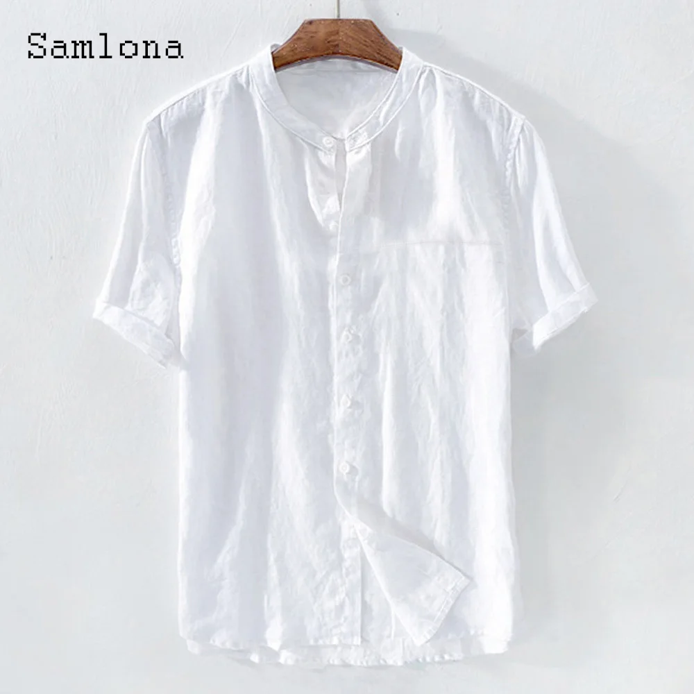 Plus Size 5xl Mens Latest Casual Blouse Short Sleeve Tops Masculina White Linen Shirt blusas Homme Ropa Sexy Men Clothing 2023