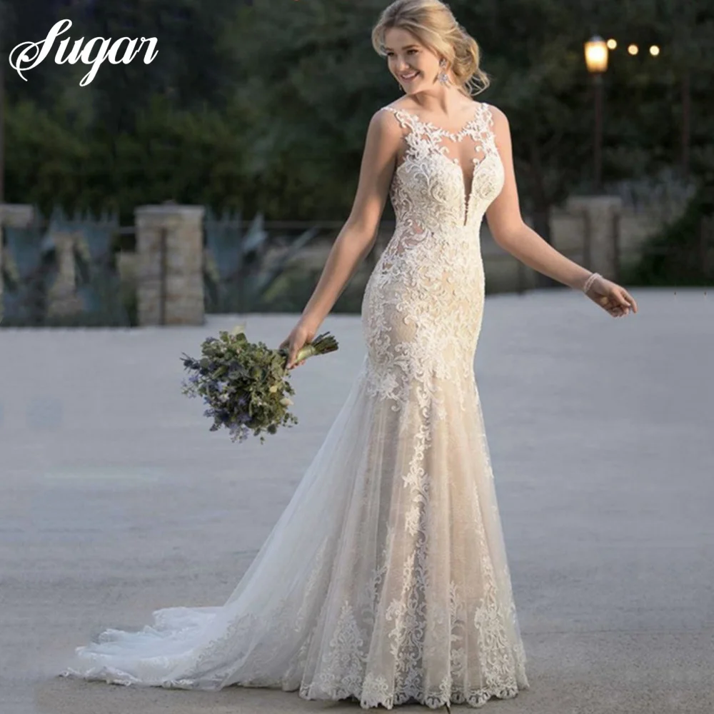 Купи Luxury Mermaid Wedding Dress V-Neck With Train Wedding Gown Sexy Backless Bride Gown Lace Applique Sleeveless Vestidos De Noiva за 5,880 рублей в магазине AliExpress