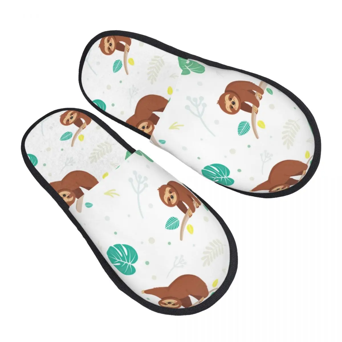 

Winter Women Men Non-Slip Flat Slippers Tropical Leaves And Sloths Indoor Fur Soft Warm Shoes