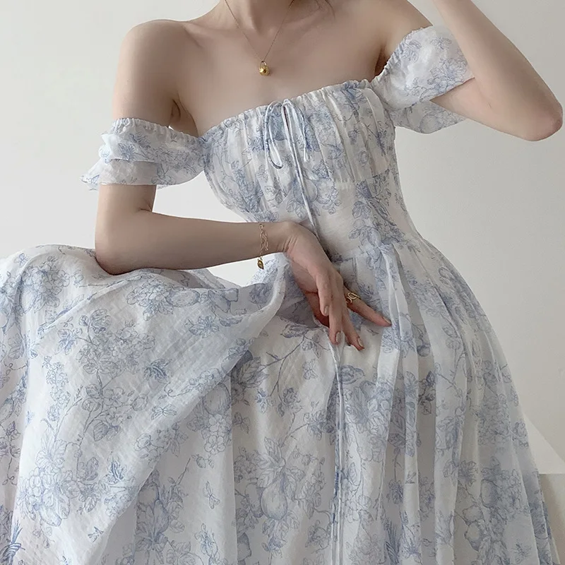 

Vintage Blue Printed Chiffon Dresses for Women 2022 Designer Elegant Pleated Midi Dress Summer Vestido Feminino