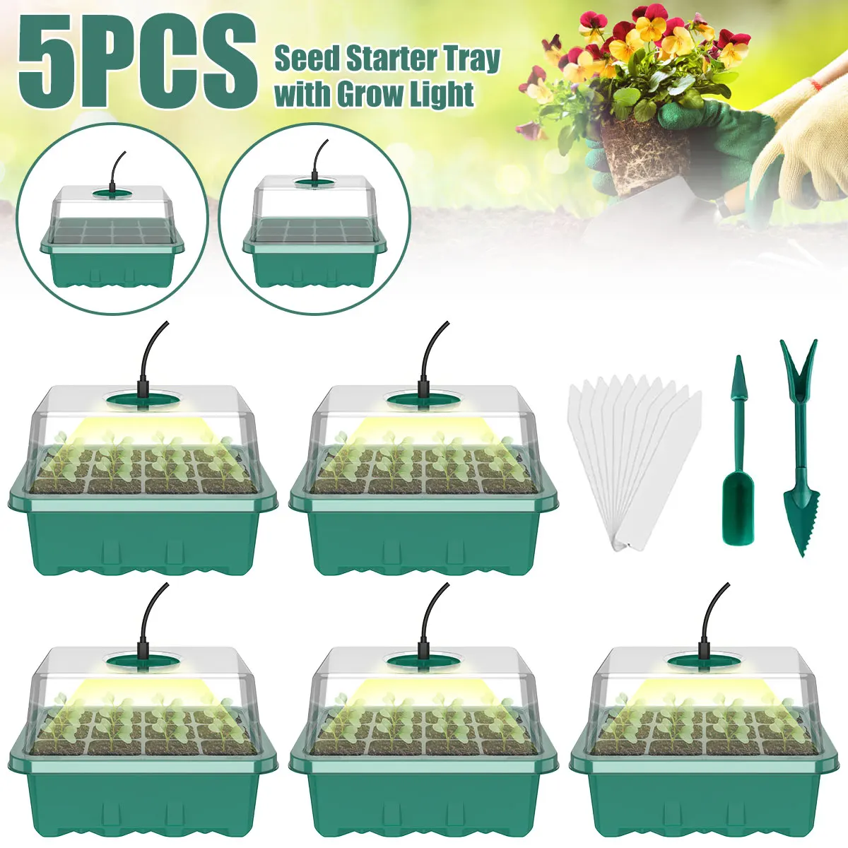 

5Pcs Seed Starter Trays With Grow Light Seeding Starter Kits With Humidity Domes Cover Indoor Gardening Plant Germination Trays