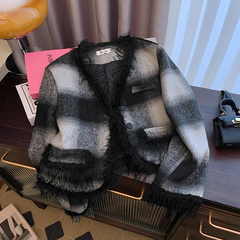 

Women's Tie Dyed Plaid Spliced Tassel Collar Short Blazers Coat Autumn Winter Vintage Outerwear Female Loose Long Sleeved Jacket