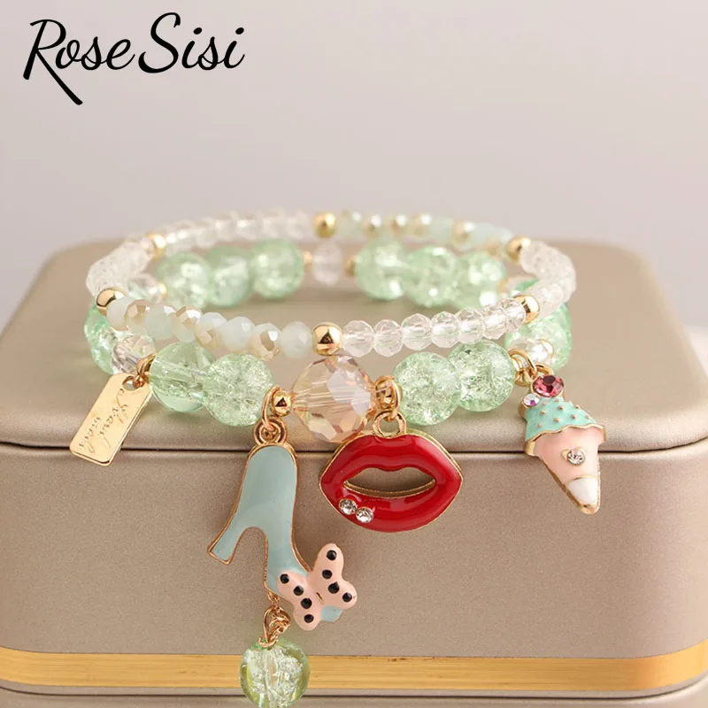 

Rose sisi Japanese and Korean style girl pendant jewelry crystal bracelet for women beads bracelets elastic set fridendship