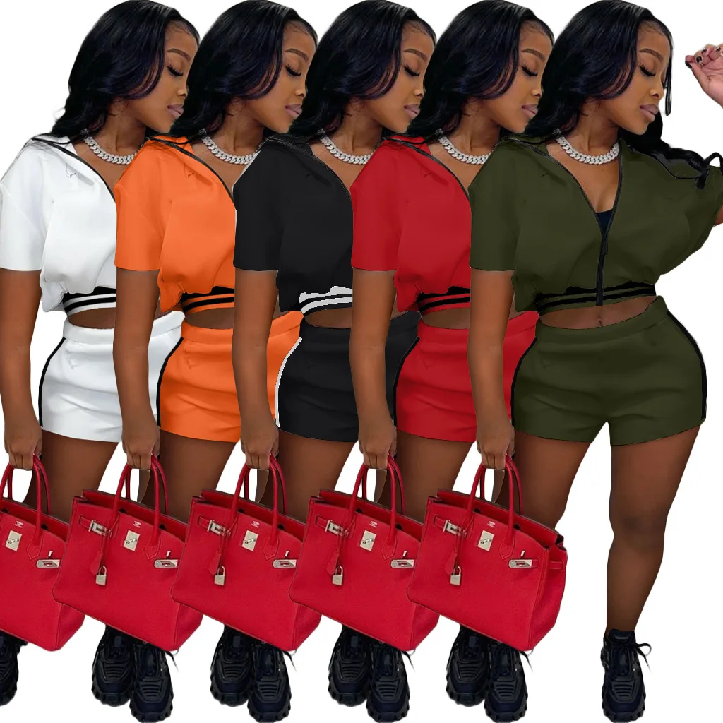 

Casual Two Piece Set Solid Color Short Sleeve Zip Patchwork Top Biker Shorts Matching Suit Streetwear 2022 Summer Women Outfits