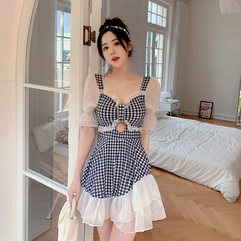 

Swiming Suit Women 2022 Swimsuit For Surf Bikini Push Up Swimwear New Sexy White Cover Back Lace Checked Female Plaid Nylon One