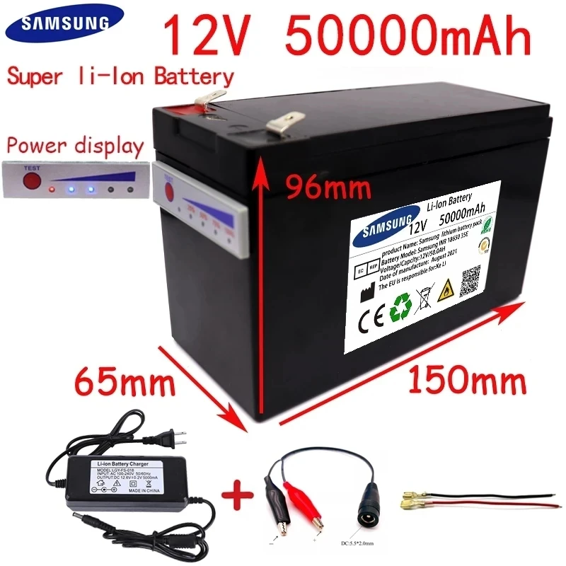 

12V Battery 50Ah 18650 lithium battery pack Rechargeable battery for solar energy electric vehicle battery+12.6v3A charger